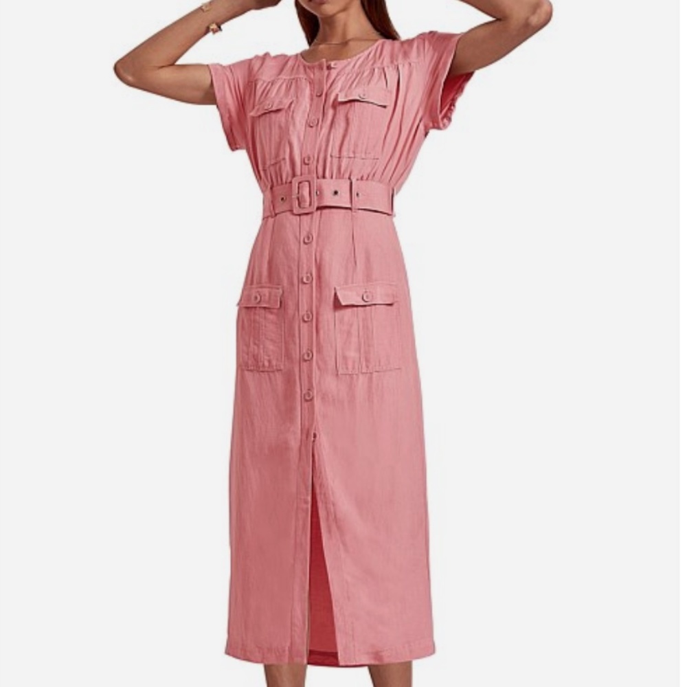 STEELE THE LABEL PINK LINEN BELTED MIDI DRESS